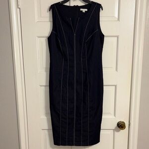 New York & Company Dark Denim Blue Midi Dress with White Stitching